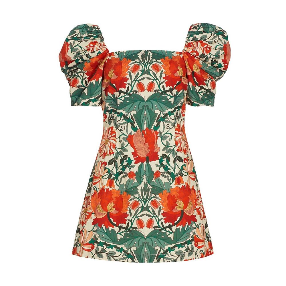 Cara Cara Green and Orange Floral Puff-Sleeve Mini Dress